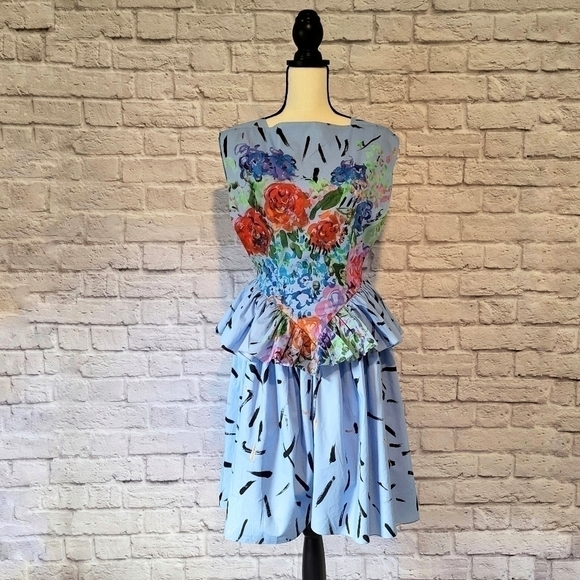 Christopher Kane blue floral brushstrokes peplum sleeveless dress size 2 - Picture 2 of 16